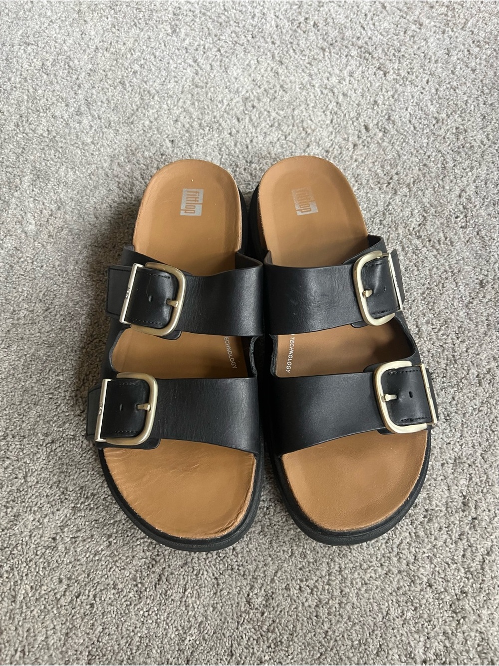 FitFlop Gen-FF Buckle Women’s Size 10 Black Leather Two-Bar Slides Sandals